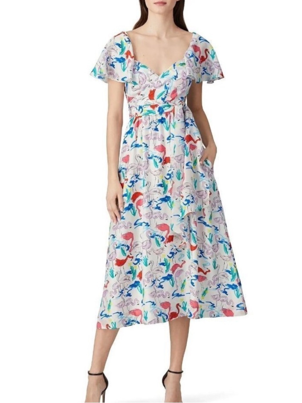 Tanya Taylor Silk Flamingo Print Wrap Dress